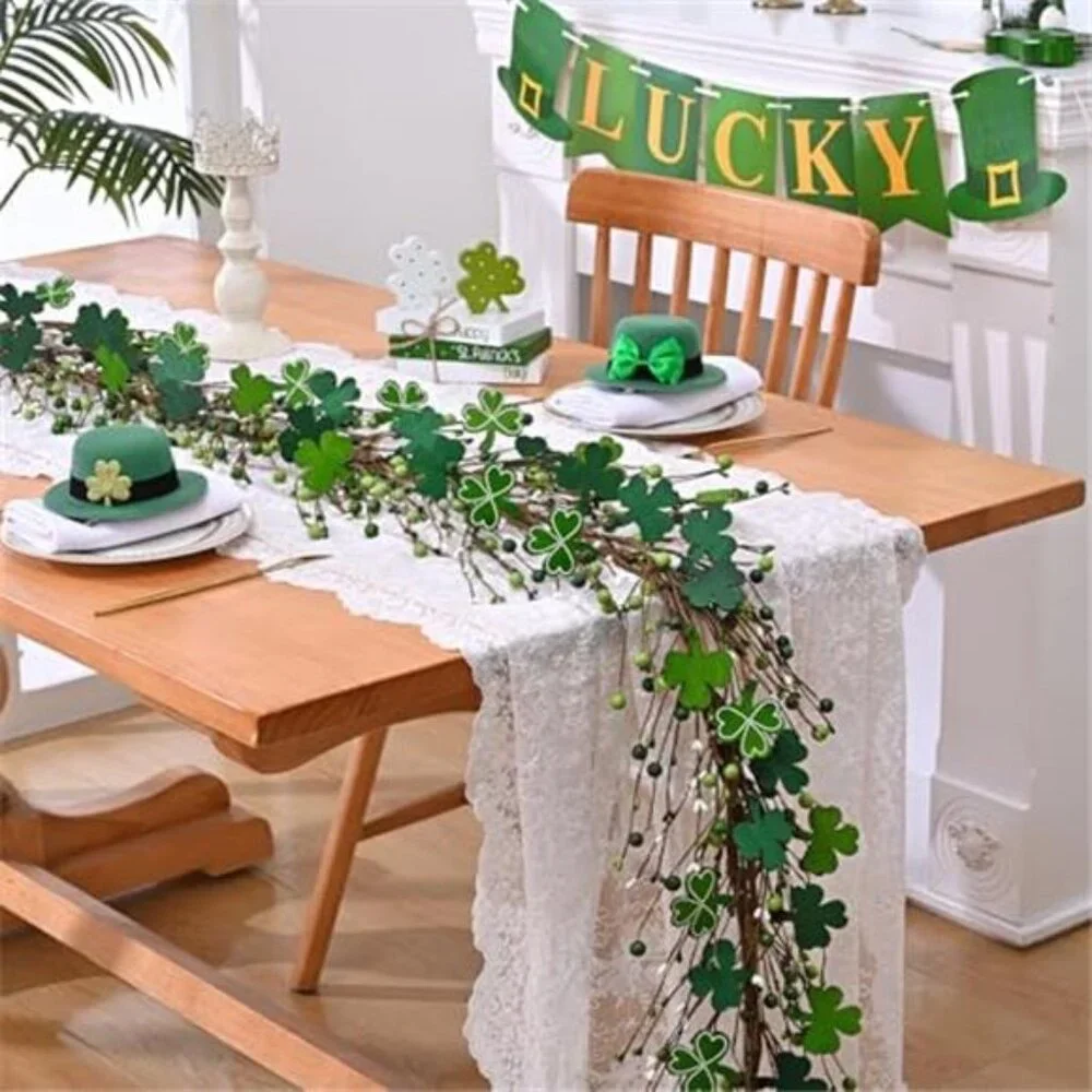 6 Ft St Patrick's Day Garland with Light, Lighted Shamrock Garlands, Green